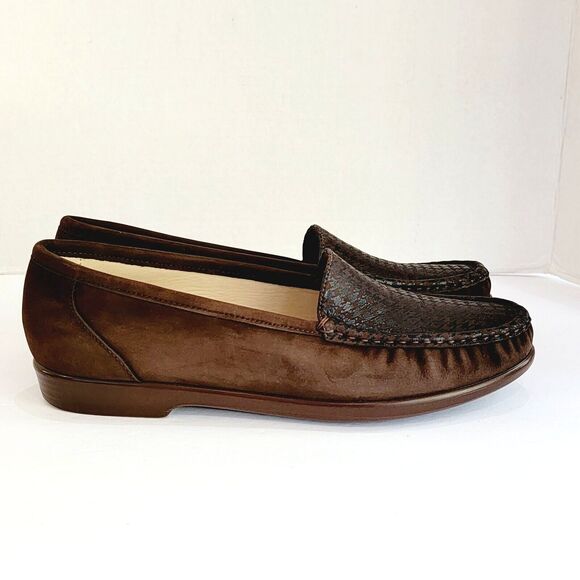 SAS Simplify Brown Tetris Nubuck Leather Loafers Women's 10 N Houndstooth Flats - Picture 4 of 13